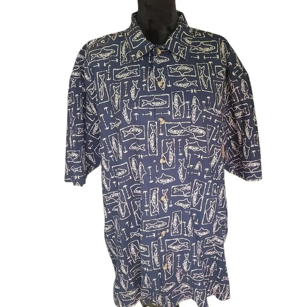 Vintage Timberland Fishing Print Button Up Shirt XL Blue Nautical Cotton